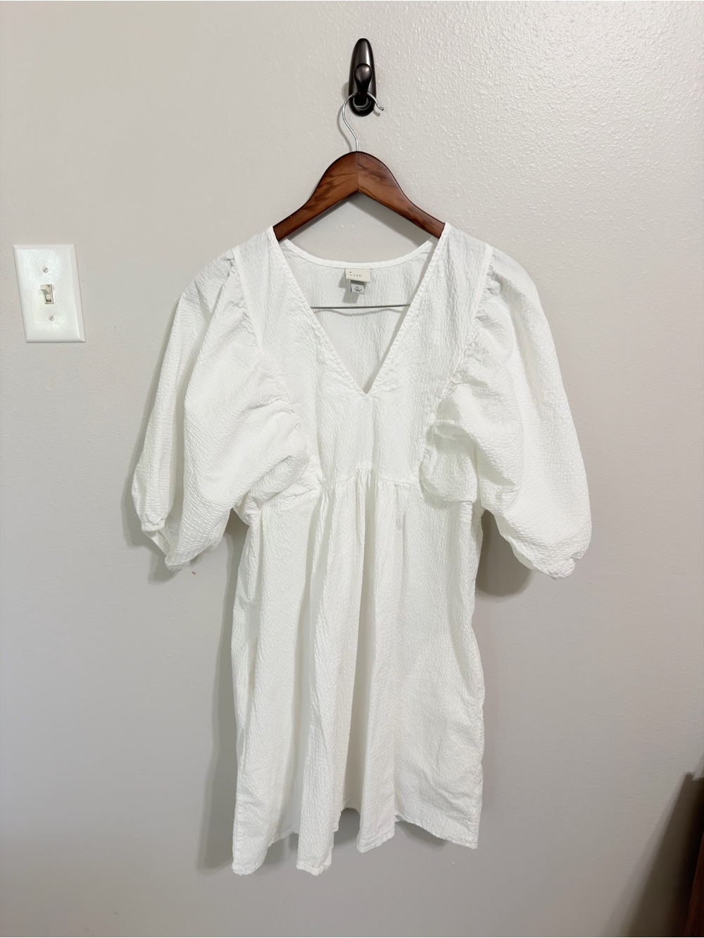 A New Day White Crinkle Texture Puff Sleeve Babydoll Mini Dress